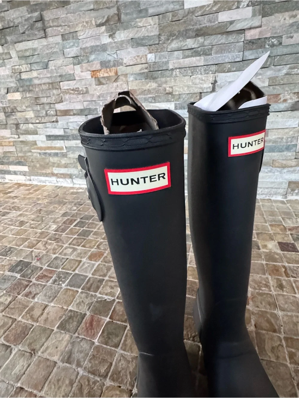 Hunter Black Tall Rubber Rain Boots with Red Logo Trim
